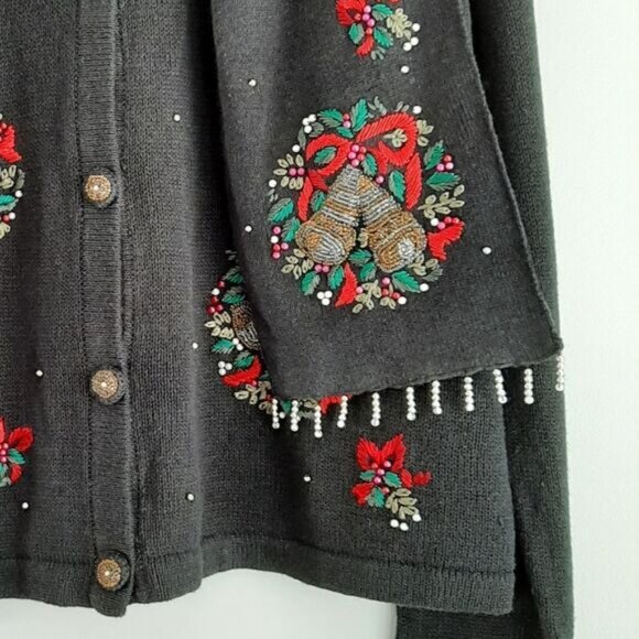WHITE STAG Vintage Embroidery & Bead Work Christmas Bells Cardigan Sweater Sz XL - Picture 4 of 16